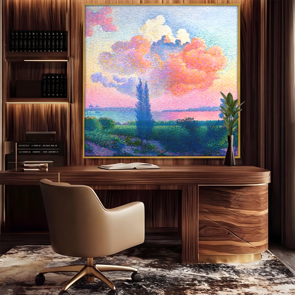 Tablou canvas cu tablou pictura cu nor roz, in rama de aluminiu auriu, pe perete intr-un birou